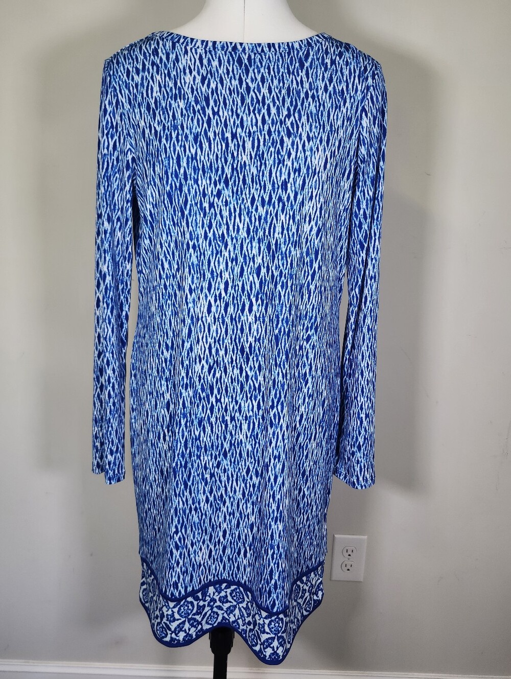 MMK Blue White Pattern Boat Neck Long SL Pullover Midi Shift Dress S M NWOT